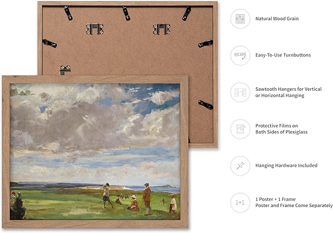 Poster Master Vintage Lady Astor Playing Golf at North Berwick Painting Poster - Retro Golf Course Print - Golf Art - Sports Art - Landscape Art - Office or Living Room Decor, 16x20 Beige Framed