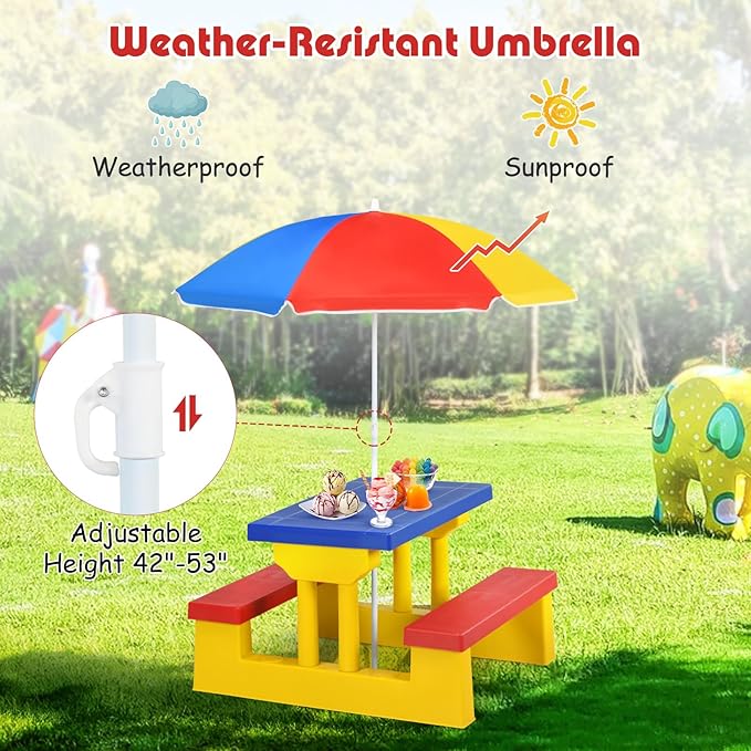 Kids Picnic Table, Toddler Picnic Table with Removable & Foldable Umbrella, Plastic Children Patio Furniture for Garden Backyard, Kids Outdoor Table, Multicolored