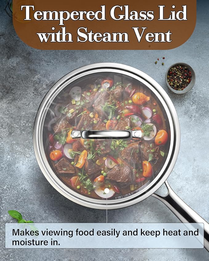 Cook N Home Stainless Steel Saucepan 1.5 Quart, Tri-Ply Full Clad Sauce Pan with Glass Lid, Silver