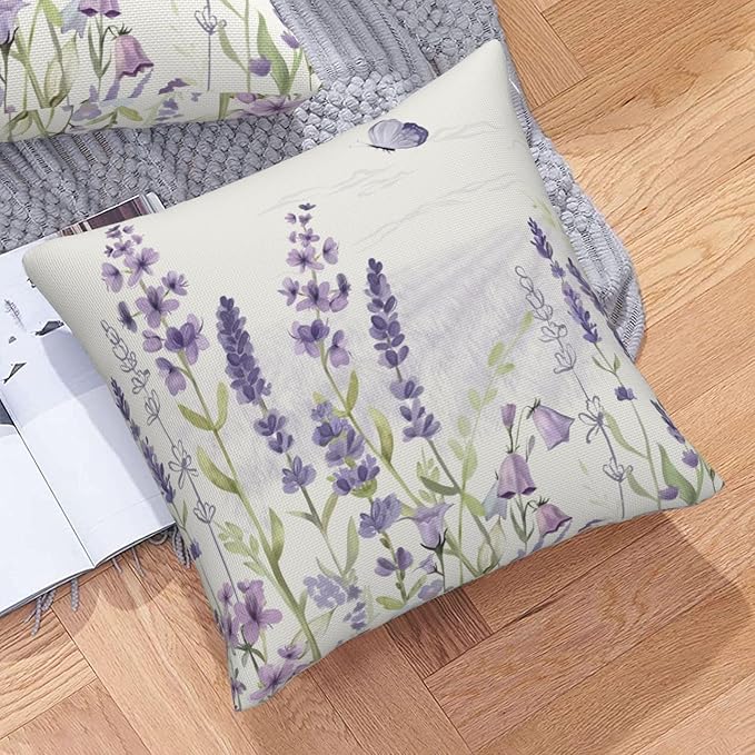 Spring Lavender Pillow Cover 16x16 Inch Set of 2, Purple Flowers Throw Pillow Covers Summer Watercolor Floral Decorations Linen Cushion Covers Farmhouse Home Decor for Sofa Couch Outdoor