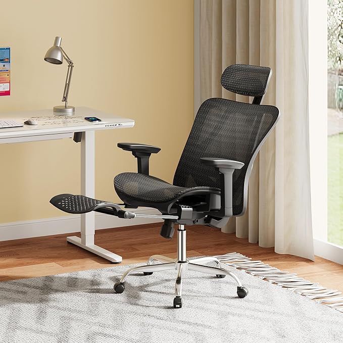 DEVAISE Ergonomic Mesh Office Desk Chair, Retractable Footrest and Adjustable Lumbar Support, Comfy High Back Reclining Computer Gaming Chair, Tilt Function, Heavy Duty, SGS Class 4 Gas Lift, Black