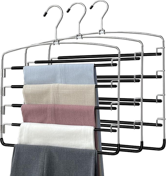 Pants Hangers 3 Pieces,5 Tier Closet Organizers and Storage Clothes Hanger,Hangers Space Saving with Swing Arm,Multiple Metal Hanger Clothes Organization for Pants Trousers Jeans Leggings Slacks