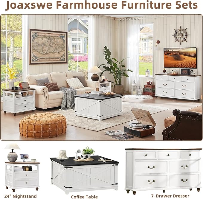 24" Wide Farmhouse Night Stand,Large End Table with 2 Drawers & Metal Handle,Wood Dresser for Bedroom, White Bed Side Table Chest of Drawers Cabinet,Nightstand for Living Room,Closet