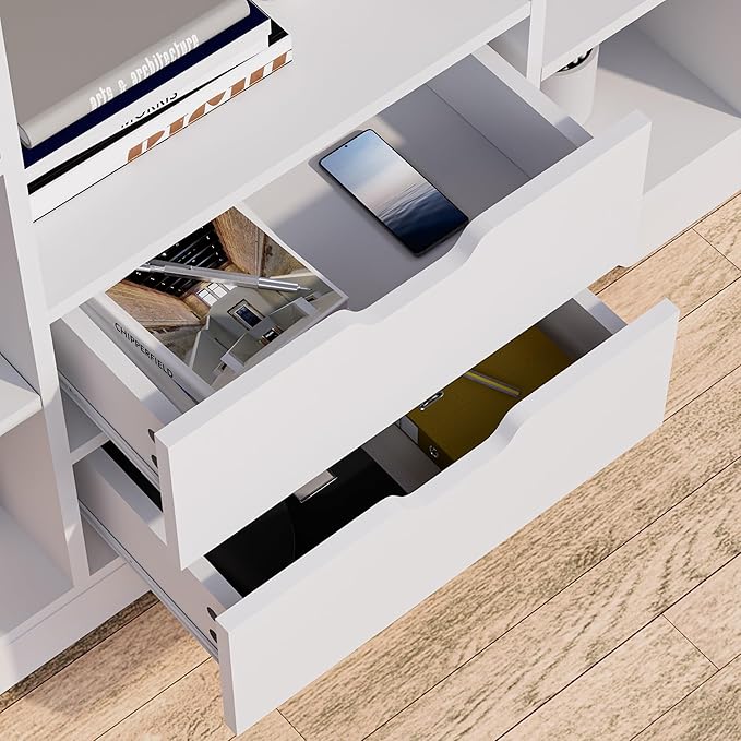 Cozy Castle Kids Bookshelf with Storage, Toy Storage Organizer with 2 Drawers and 10 Cubes 4-Tier Bookcase for Bedroom, Playroom, Hallway, Living Room(White)