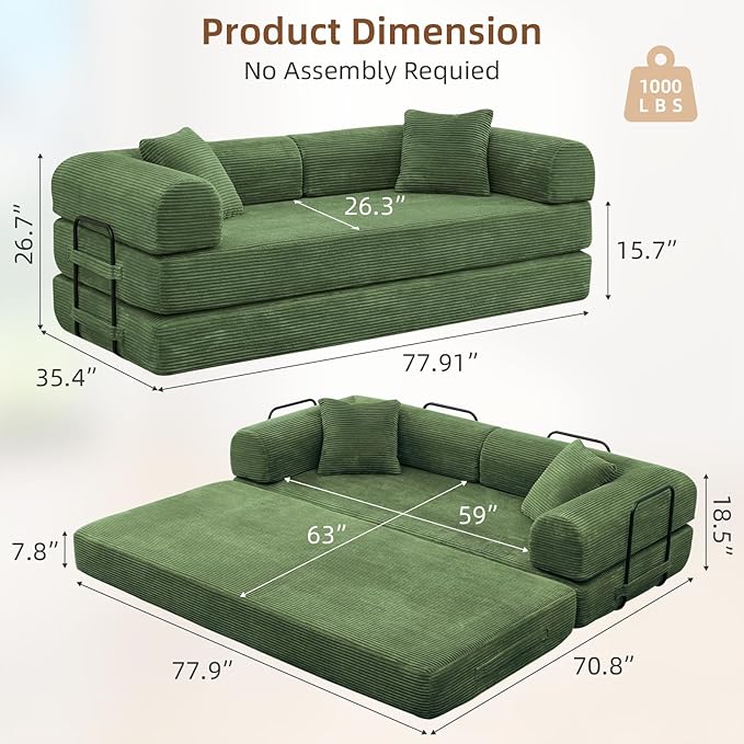 Rovibek 4-in-1 Convertible Sleeper Sofa Bed Queen Size, Foldable Floor Couch Corduroy, Folding Futon Sofa Beds with Pillow and Fixed-Shape Frame, Suitable for Living Room, Bedroom, Lounge, Green