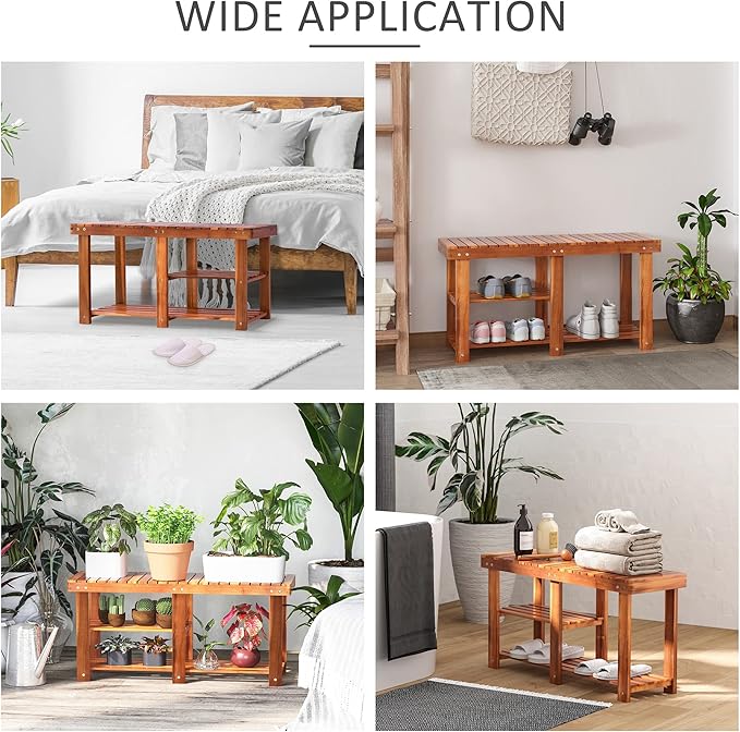 HOMCOM 3-Tier Shoe Rack Bench, Acacia Wood Shoe Organizer, Rustic Entryway Bench with Storage Shelves for Entryway, Hallway, Livingroom, Teak