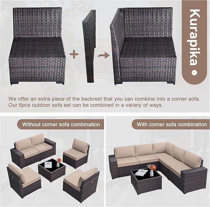 Kurapika 6 Pieces Patio Furniture Set, Rattan Wicker Outdoor Conversation Sets w/4 Inch Cushion and Glass Coffee Table(Sand)