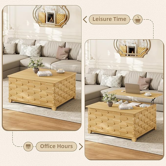31.5'' Lift Top Coffee Table with Storage, Square Coffee Table for Living Room with Hidden Storage, Foldable Table with Embossed Texture, Dining Table for Coffee, Office, Dining, Natural