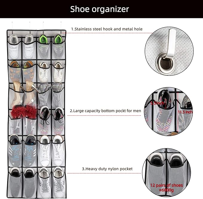 Over The Door Shoe Organizer, Hanging Shoe Organizer with 24 Mesh Large Pockets Door Shoe Rack Organizer for Men Women Kids Hanging Shoe Storage Bag.(White