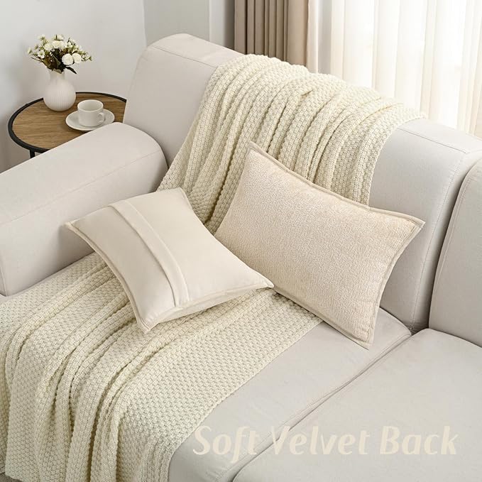 FUTEI Beige Chenille Throw Pillow Covers 12x20 Inch Set of 2,Soft Cozy Bound Edge Design Lumbar Pillow Cases,Home Decor for Couch Bed Living Room