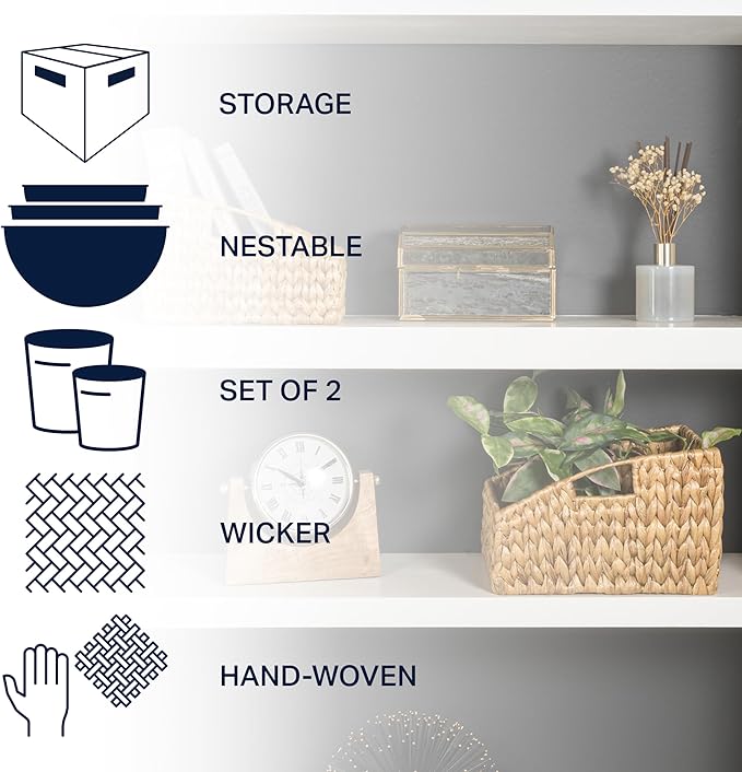 happimess BSK1007A-2SET Havanah Southwestern Hand-Woven Hyacinth Slanted Nesting Wicker Baskets with Handles, Seagrass Container for Decoration in Living Room, Bedroom, Closet, Natural (Set of 2)