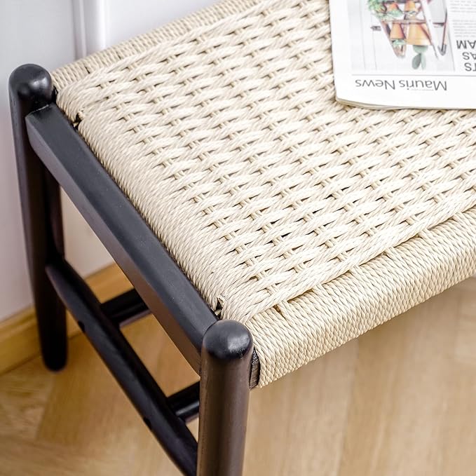 Solid Wood Entryway Bench with Shoe Storage, Rustic Oak Wood and Woven Design 45 Inch Long Seating for Living and Dining Rooms,Black