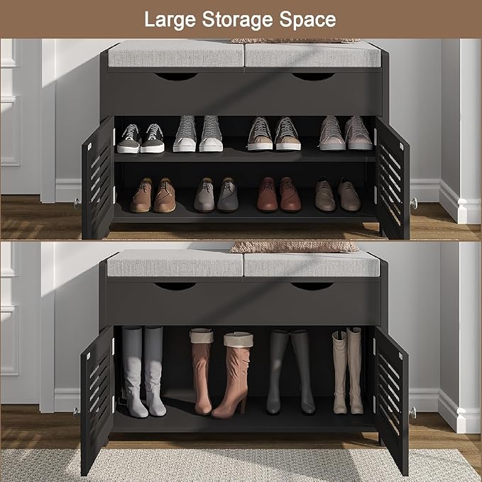 ChooChoo Shoe Storage Bench with Lift Top Storage, Entryway Bench with 2 Cushioned Seats, 3 Compartments, Adjustable Shelf, Shoe Cabinet for Entryway, Bedroom, Living Room, Black