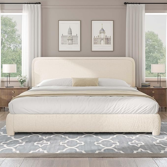 BarnFurin Boucle Upholstered Bed Frame King Size/Cloud Bed Frame/Soft Rounded Corners Headboard/Low Profile/No Box Spring Needed/Cream