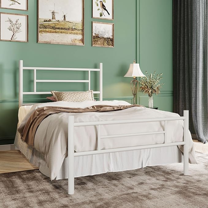 SHA CERLIN 14 Inch Twin Size Metal Bed Frame with Iron-Art Headboard and Footboard,Under Bed Storage Space,Platform Bed with Metal Slats Support,Easy Assembly,Noise Free,No Box Spring Needed,White