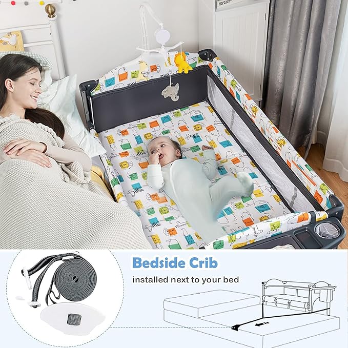 BABY JOY 5-in-1 Pack and Play, Baby Bedside Sleeper with Bassinet, Multifunction Bedside Crib from Newborn to Toddlers, U-Shaped Diaper Changer, Playard, Safety Strap, Music Box & Hanging Toys