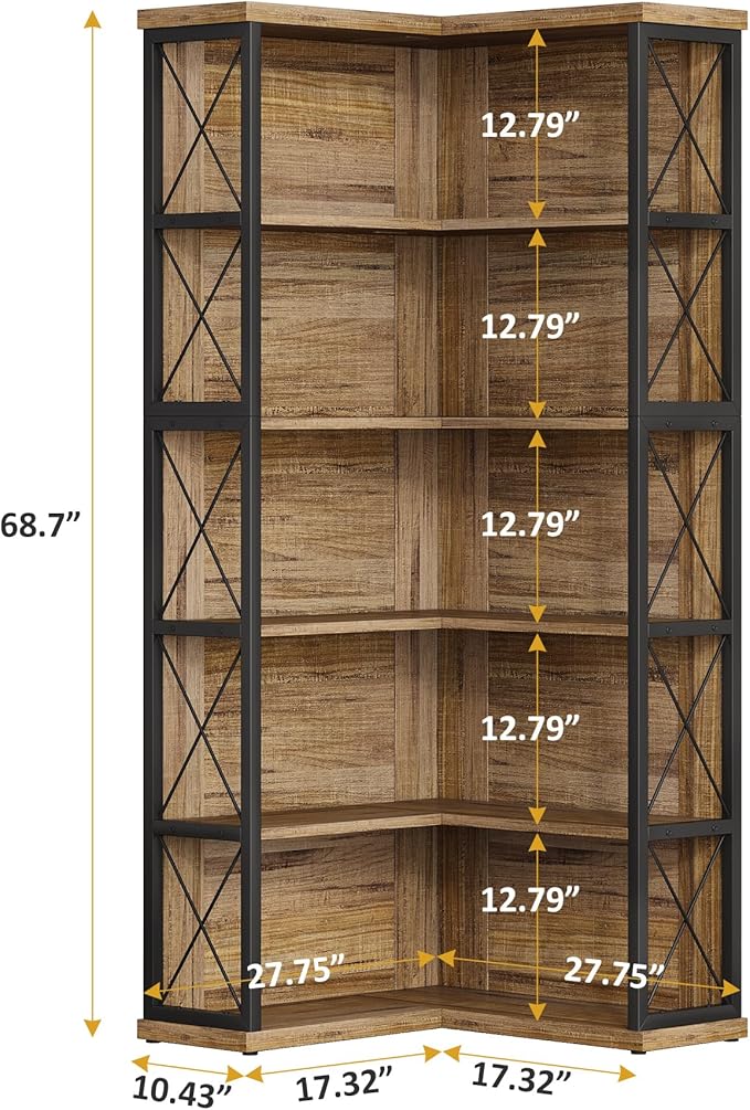 5-Tier L Shaped Bookshelf, Vintage Industrial Corner Bookcase, Large Tall Storage Shelves Display Rack with Metal Frame for Living Room, Home Office, Bedroom, Light Brown