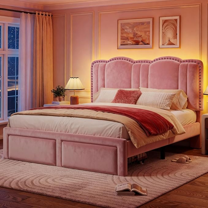 EnHomee Queen Bed Frame with LED, Velvet Upholstered Cloud Headboard and 2 Drawers, Bed Frame Queen Size with Height Adjustable Headboard, Solid Wooden Slats, No Box Spring Needed, Easy Assembly, Pink