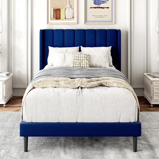 Twin Size Bed Frame with Upholstered Wingback Headboard, Easy Assemnly Platform Bed, Wooden Slat Support No Box Spring Needed, Navy Blue