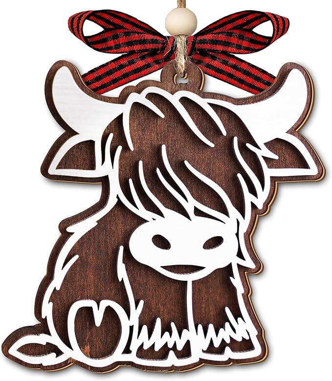 Highland Cow Ornament 2025-2 Layer Wooden Cow Ornaments for Christmas Tree - Highland Cow Gifts for Women - Cow Lover Gifts for Women - Amimal Lover Gift - Farm Animal Ornaments - Farmhouse Ornament