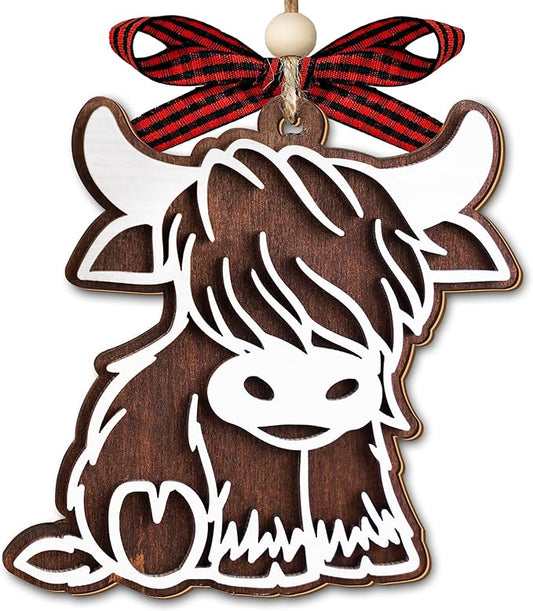 Highland Cow Ornament 2025-2 Layer Wooden Cow Ornaments for Christmas Tree - Highland Cow Gifts for Women - Cow Lover Gifts for Women - Amimal Lover Gift - Farm Animal Ornaments - Farmhouse Ornament