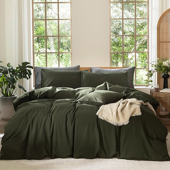 MooMee Bedding Duvet Cover Set 100% Washed Cotton Linen Like Textured Breathable Durable Soft Comfy (Solid Olive Green, Cal King 104"x98")