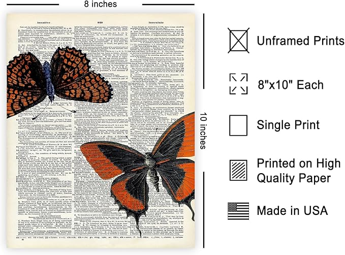 Poster Master Dictionary Butterfly Print - Moth and Insect Art - Gift for Men, Women & Animal Lovers - Chic Decor for Living Room or Bedroom - 8x10 Unframed Wall Art