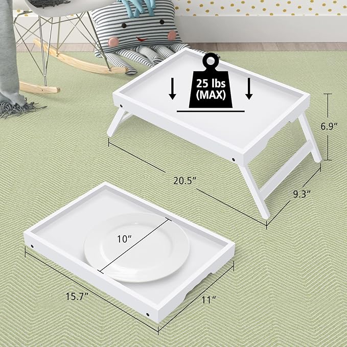 Artmeer Bed Tray Table with Folding Legs,Bamboo Breakfast in Bed for TV Table, Laptop Computer Tray,Eating,Snack Tray (White)