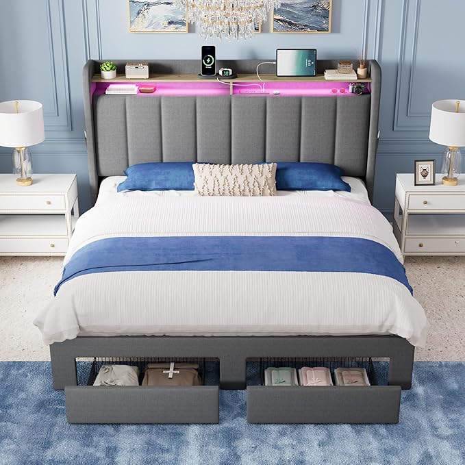 Allewie Vertical Tufted Queen Upholstered Platform Bed Frame with 2-Tier LED Storage Headboard & 2 Storage Drawers, USB & Type-C Charging Ports, Noise-Free/No Box Spring Needed, Dark Grey