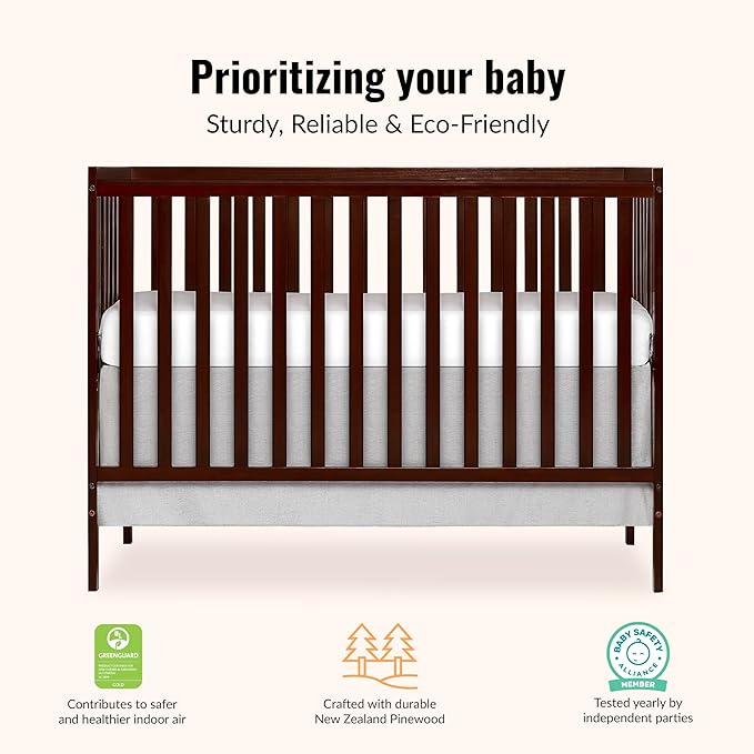 Dream On Me Synergy 5-in-1 Convertible Full-Size Baby Crib with Toddler, Day & Full Bed Conversion in Espresso, GreenGuard Gold & JPMA, 3 Mattress Heights, Sustainable Pinewood
