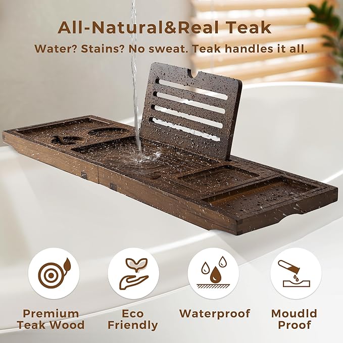 Teak Bathtub Tray Expandable Bathroom Tray for Home Spa Relaxation, Wooden Tray Caddy for Bathtub, Teak Bathtub Caddy as Unique Housewarming, Birthday, Wedding Shower Gifts (Dark Walnut)