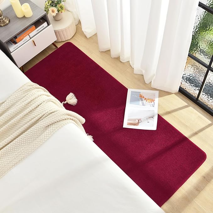 Soft Runner Rugs for Bedroom 2x6, Non Slip Runners for Hallway Kitchen Laundry Dorm Washable, Minimalist Low Pile Long Rugs for Boys Men Girls Kids, Wine Red