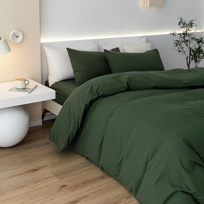 JIYUAN 100% Washed Cotton Duvet Cover Set 3 Pieces Super King, 1 Duvet Cover 108x98 Inches(Comforter Not Included) and 2 Pillowcases,Linen Feel Bedding Set Comfy and Breathable,Forest Green