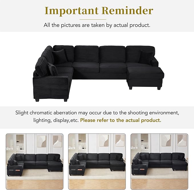 125.2" Sectional Sofa U-Shaped Upholstered Sofa L-Shaped Couch with a Movable Ottoman and Side Storage Pockets for Living Room, Black