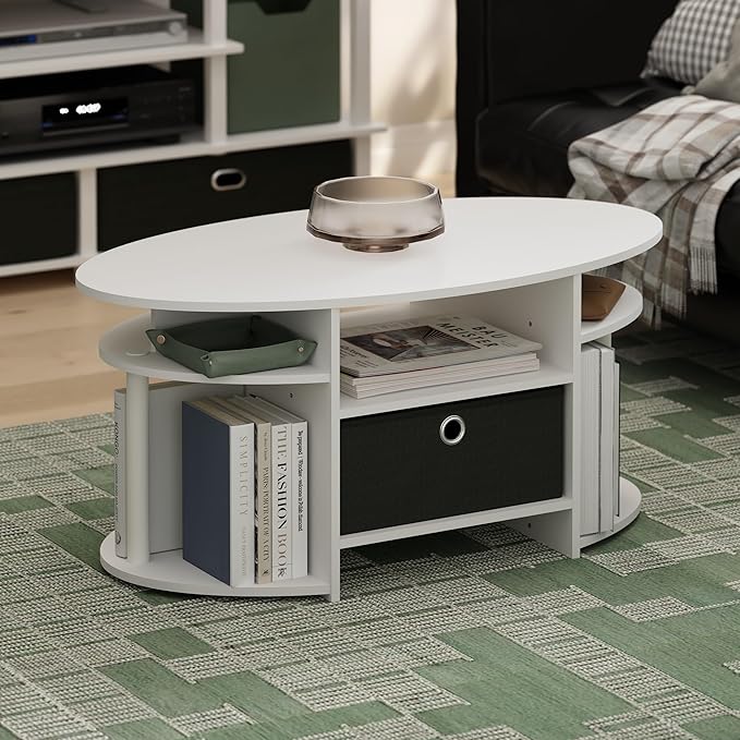 Furinno Jaya Simple Design Oval Coffee Table with Bin, White/White/Black