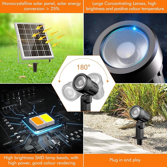MEIHUA 6 in 1 Solar Spot Lights Outdoor, Solar Landscape Spotlights 2700K/4000K/6500K, 3 Brightness & Remote Control, IP66 Waterproof Spotlights Outdoor Garden for Pathway Driveway Tree