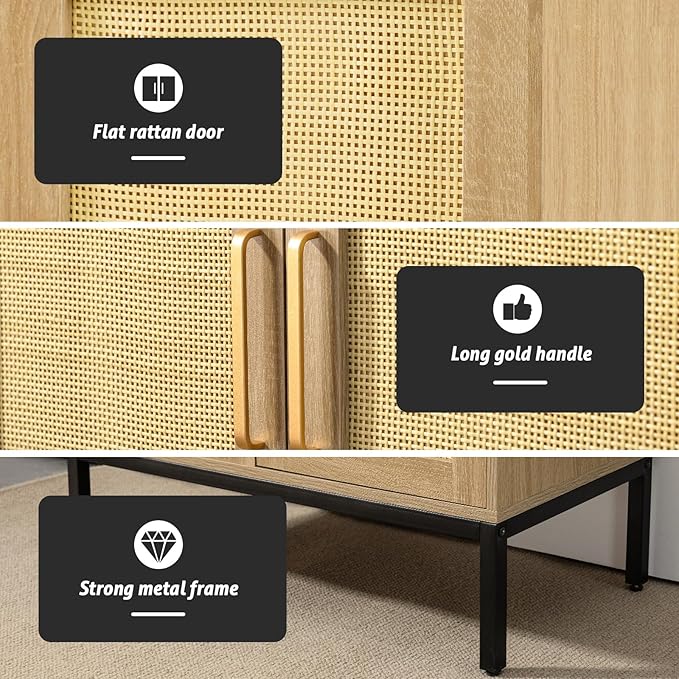 Buffet Cabinet with Storage, Storage Cabinet with Rattan Decor Doors, Accent Sideboard Bufft with Solid Wooden Feet, for Living Room, Hallway, Kitchen, Buffet Table