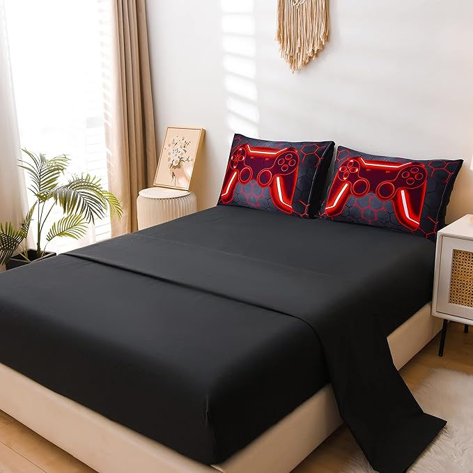 NTBED Game Console Comforter Set for Boys Girls Kids 3D Gaming Geometric Lightweight Microfiber Bedding Sets (Red, Queen 5Pcs)