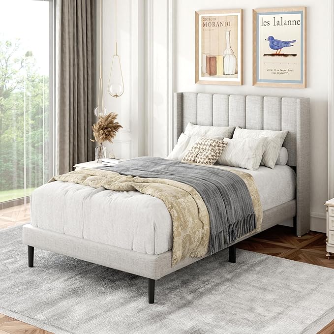 Twin Size Bed Frame with Upholstered Wingback Headboard, Easy Assemnly Platform Bed, Wooden Slat Support No Box Spring Needed, Sand
