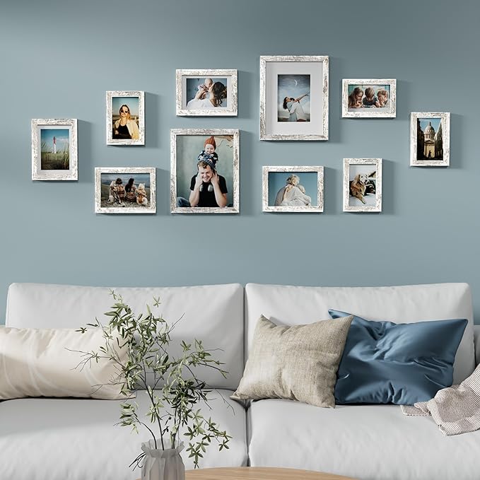 Vittanly Picture Frames Set of 10, Picture Frames Collage Wall Decor with Two 8x10, Four 5x7, and Four 4x6 Photo Frames, Gallery Wall Frame Set for Wall or Tabletop Display, Distressed White