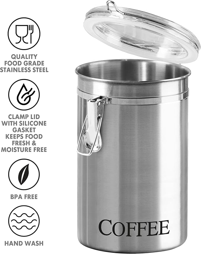 Oggi Stainless Steel Coffee Canister 62 fl oz - Airtight Clamp Lid, Clear See-Thru Top - Ideal for Coffee Bean Storage, Ground Coffee Storage, Kitchen Storage, Pantry Storage. Large Size 5" x 7.5".