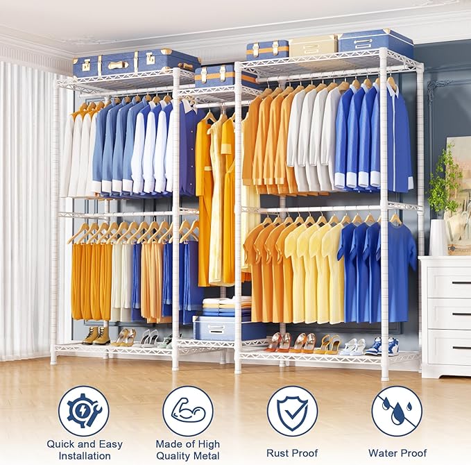 Ulif E12 Clothes Rack，Heavy Duty Freestanding Garment Rack with Shelves，Metal Clothing Closet Storage System for Hanging Clothes，71" W x 16" D x 76.5" H, Hold 960 lbs，White