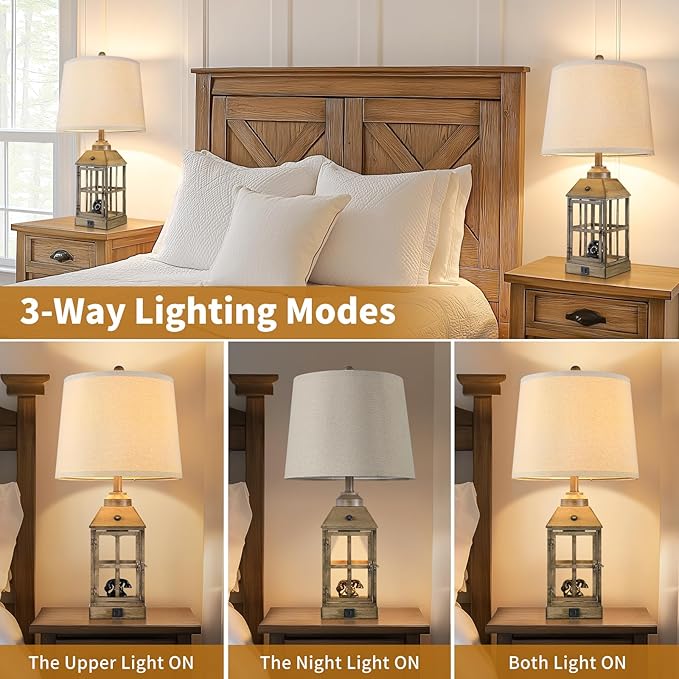 25" Farmhouse Table Lamps for Living Room, Table Lamps Set of 2 with USB Port and Nightlight, Rustic Table Lamp for Bedroom, Bedside Lamp for Nightstand, End Table, Home, LED Bulbs Included (Wood)