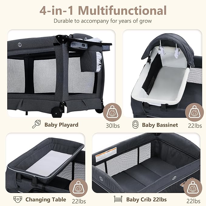 Kinder King 4 in 1 Foldable Pack n Play with Bassinet & Changing Table, Portable Nursery Center for Babies and Toddlers, Convertible Newborn Crib Baby Bed with Toys & Canopy, Storage Bag, Dark Gray