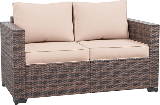 Amopatio Patio Loveseat, Outdoor Furniture 2-Seat Wicker Porch Furniture Outdoor Couch Sofa with Water-Resistant Cover & Non-Slip Cushions, Premium Patio Set, Khaki