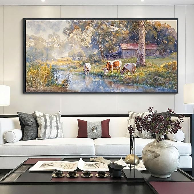 JEAWA Large Framed Canvas Painting - Watercolor Landscape Wall Decor, Country Picture with Wooden House and Green Trees, Cow Art Prints for Bedroom Living Room Home Decoration, 29x58 IN