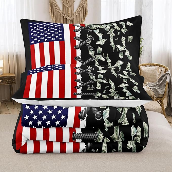 Tailor Shop American Flag Comforter Sets King Size,Money Comforter Set American Flag Bedding Sets for Kids Boys Teens One Hundred Dollar Bedding Sets 3 Piece with 1 Comforter and 2 Pillowcase……