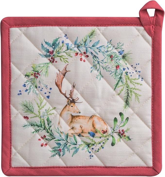 Maison d' Hermine Pot Holders 100% Cotton Heat Resistant Potholders 8" x 8" Hot Pads with Loop for Thanksgiving Christmas Decorations BBQ Cooking Baking Handling Hot Pans (Pack of 1, Holly Time)
