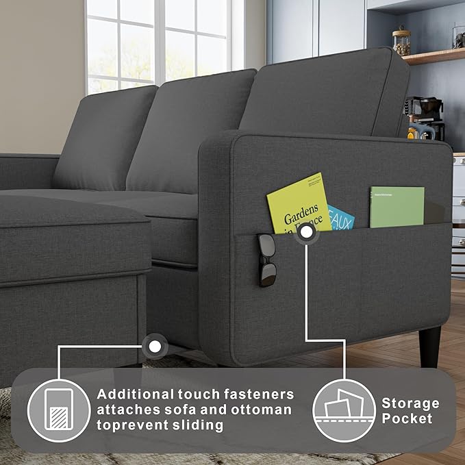 Sectional Sofa Couches for Living Room, Dark Grey 3 Seat L-Shaped Couch with Storage Ottoman, Comfy Linen Convertible Sectionals Sofas with Chaise for Apartment, Office, Small Space
