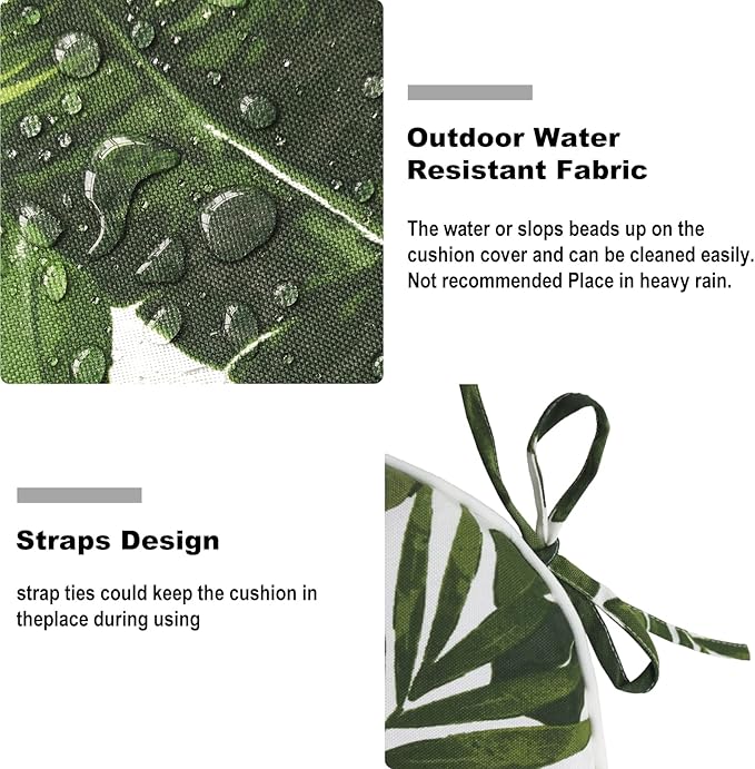 Set of 4 Outdoor Chair Cushions with Ties,Water Repellent Patio Chair Pads 17"x 16" for Outdoor Furniture,Round Corner Seat Cushions for Garden Yard Kitchen Palm Green